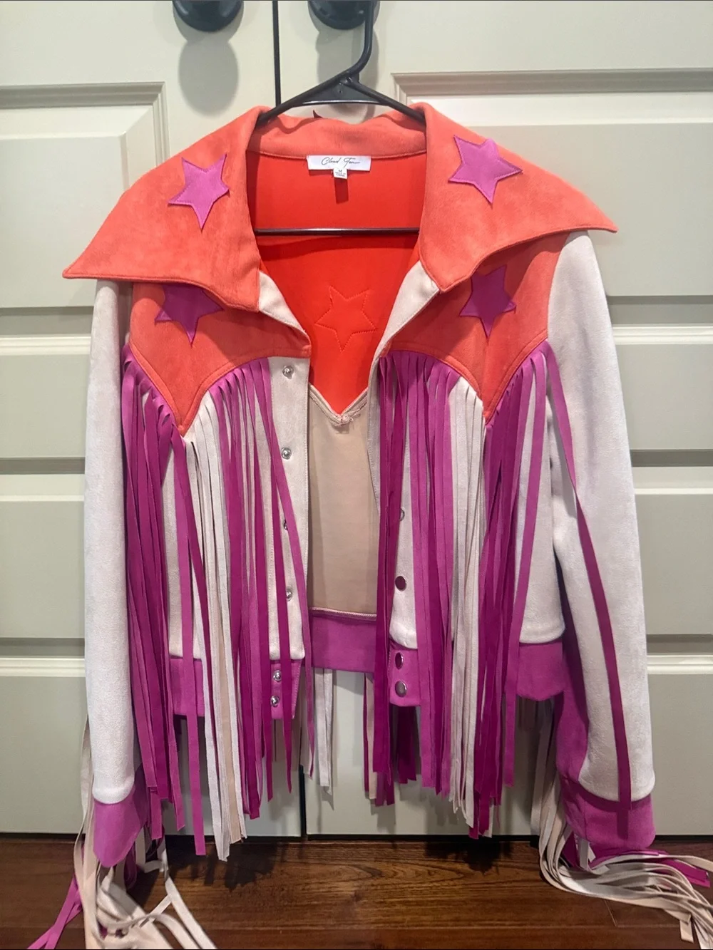 Fringed Suede Bomber Jacket in Pink & Coral by Chalet
